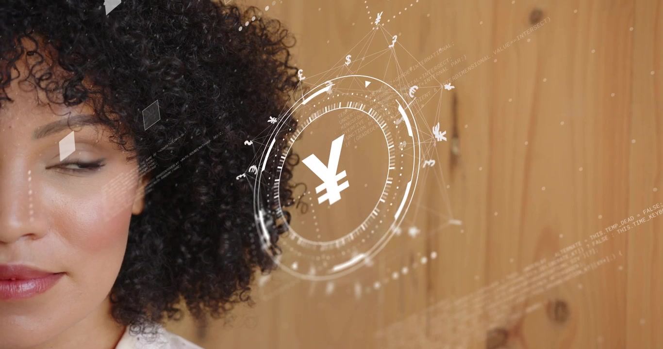 Blinking woman showcasing financial HUD in studio with rotating yen symbol and drifting money icons