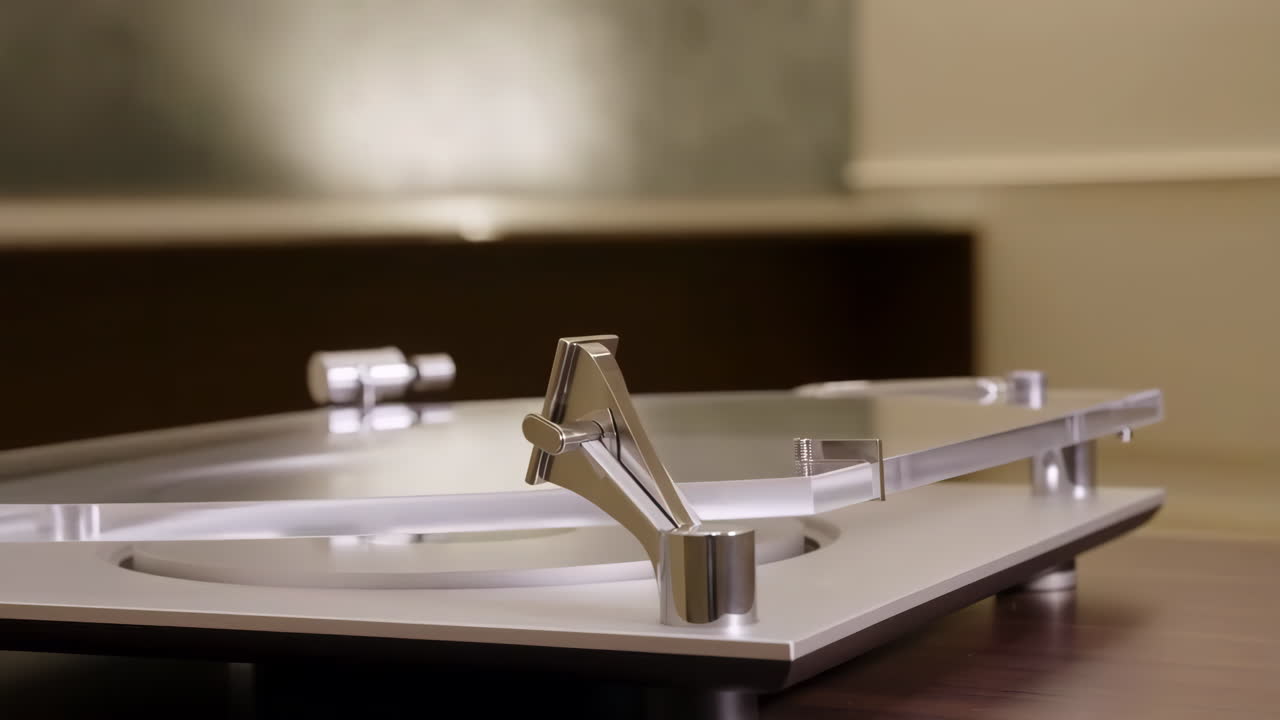 Close-up of a modern turntable's tonearm rest and clear platter