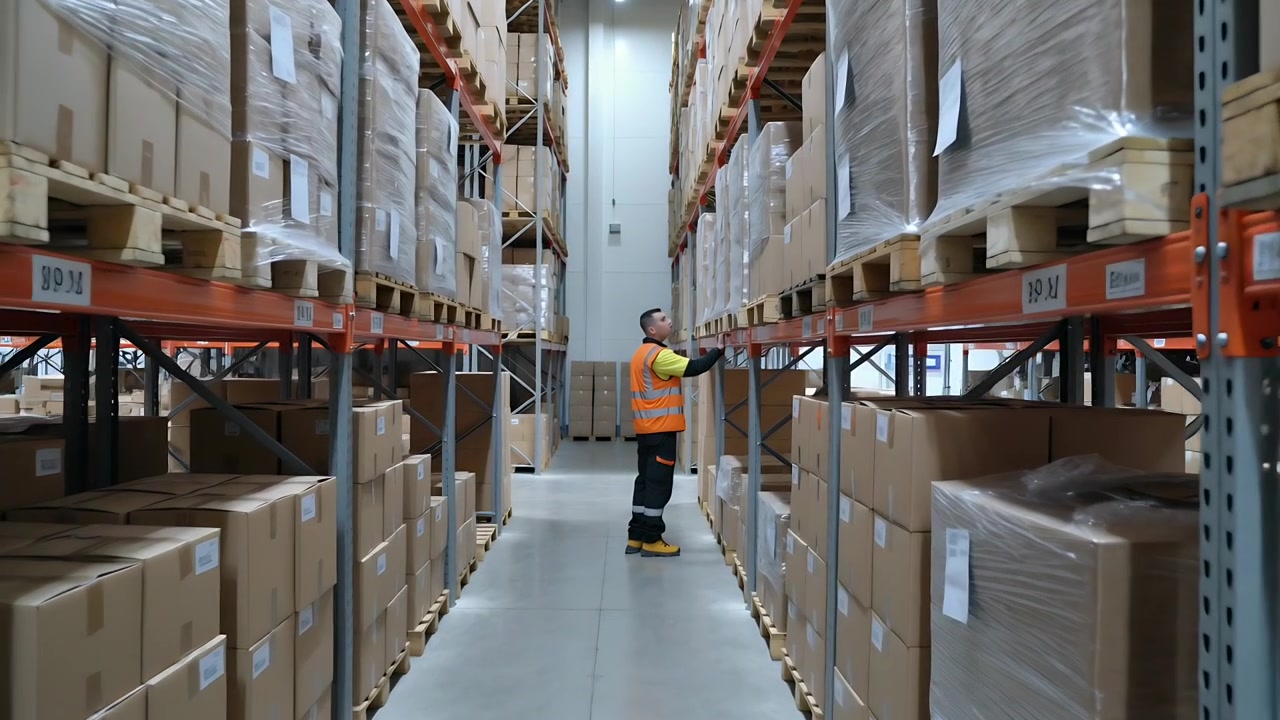 Scanner esteso, operaio con giubbotto arancione e stivali gialli che scansiona le etichette dei pallet in magazzino per l'inventario.