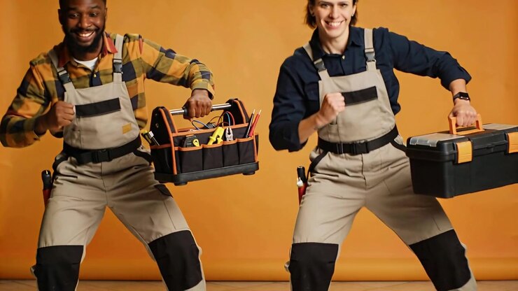 Starting stance two men in beige overalls stepping and carrying tote and toolbox showing teamwork