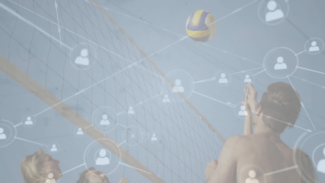 Jumping at net, volleyball players with animation of social network connections
