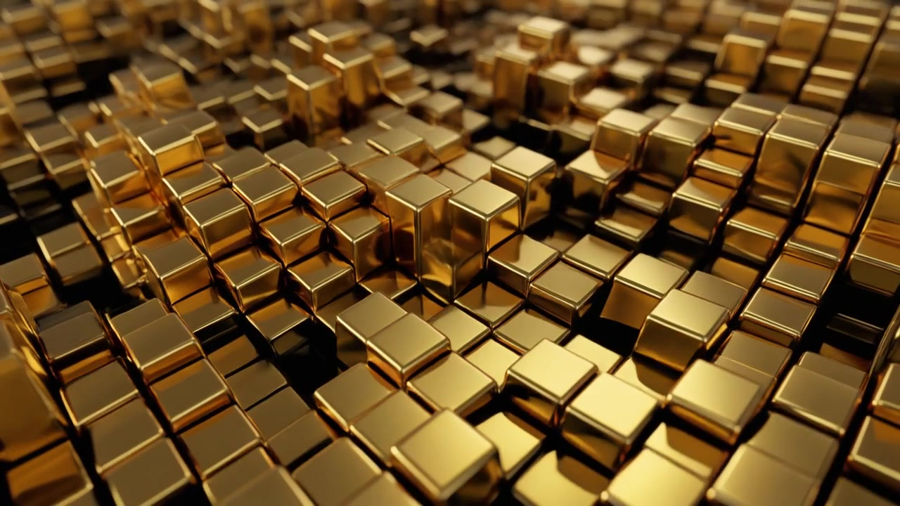 Sfondo astratto di cubi metallici dorati in movimento