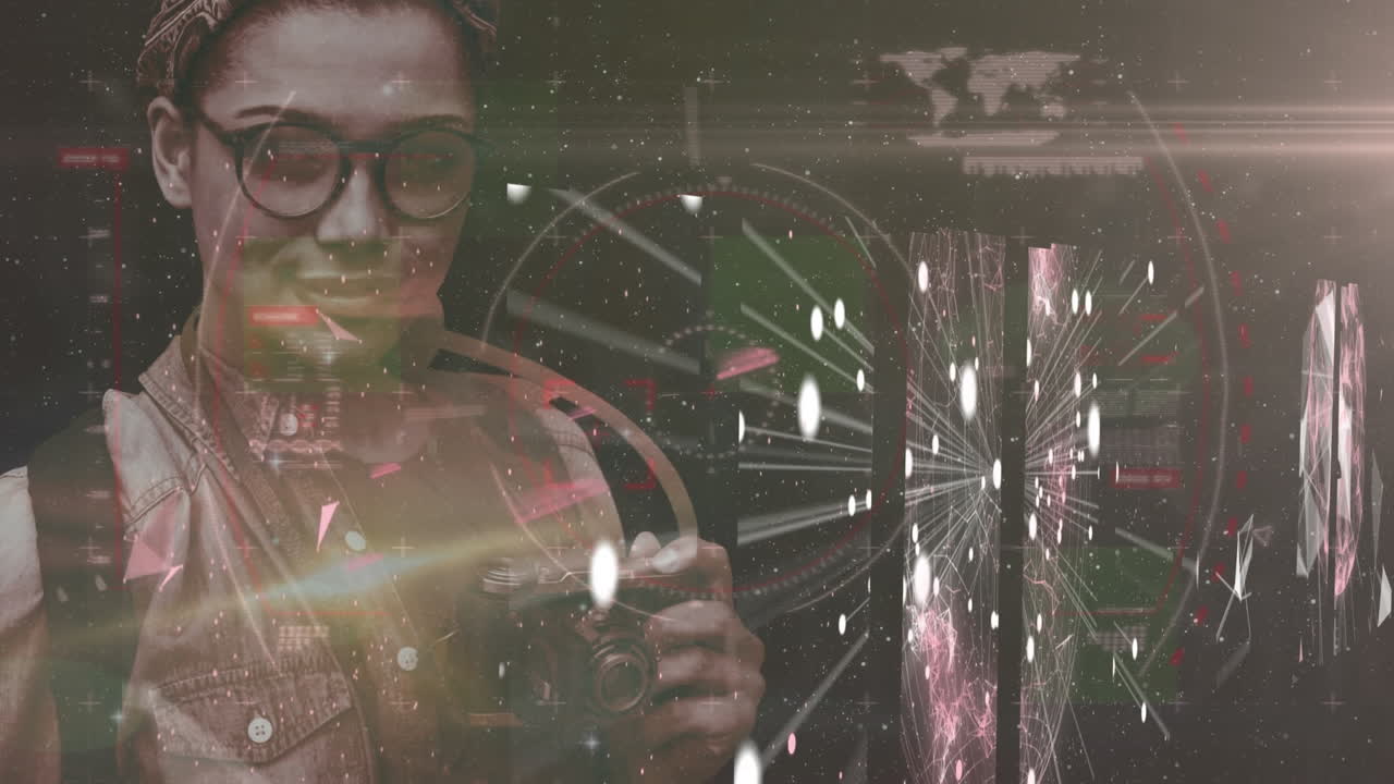 카메라를 가진 백인 여성에 대한 데이터 처리 애니메이션