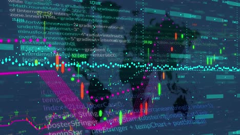 Animación-Del-Procesamiento-De-Datos-Financieros-Sobre-El-Mapa-Mundial-Sobre-Fondo-Azul