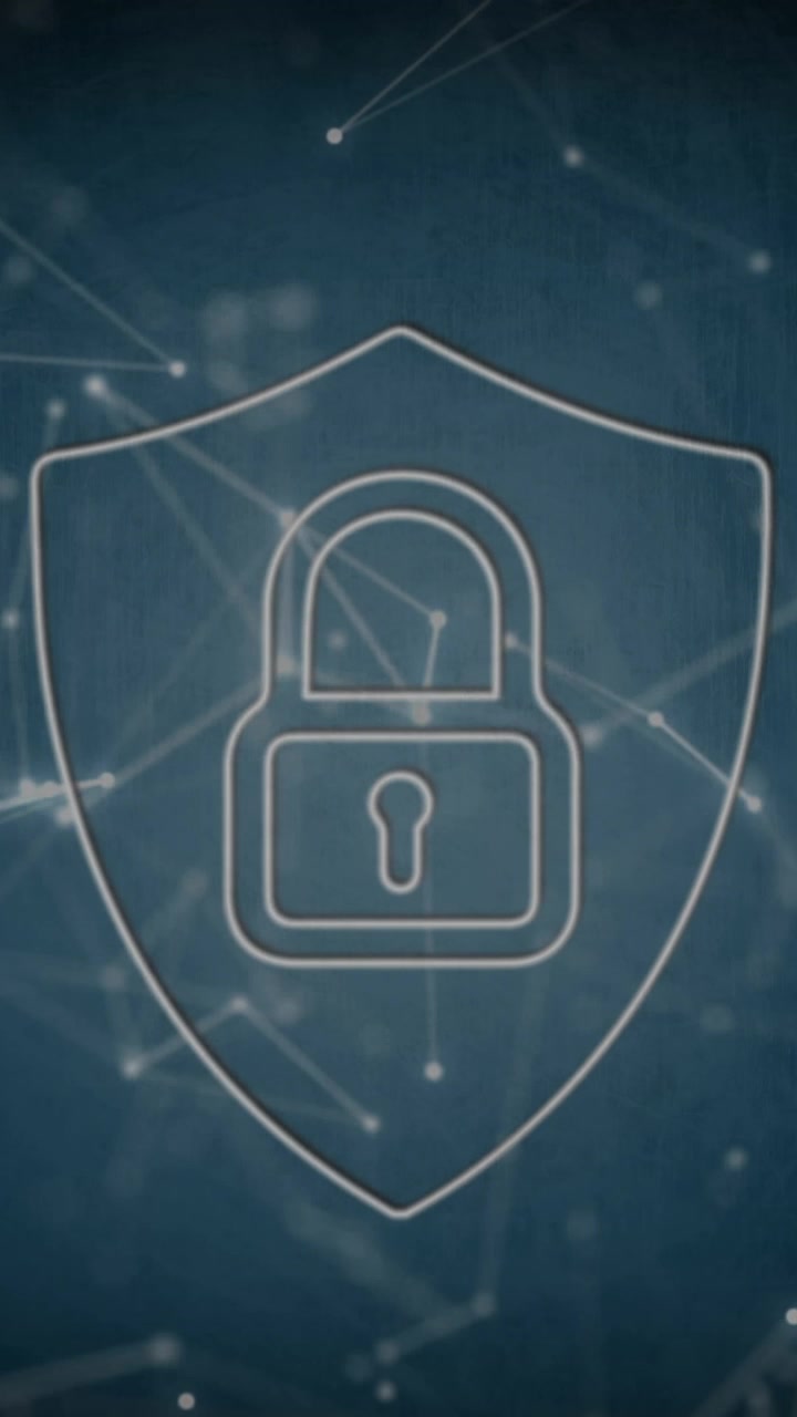 Animazione di un'icona di lucchetto di sicurezza su una rete di connessioni, su sfondo blu.