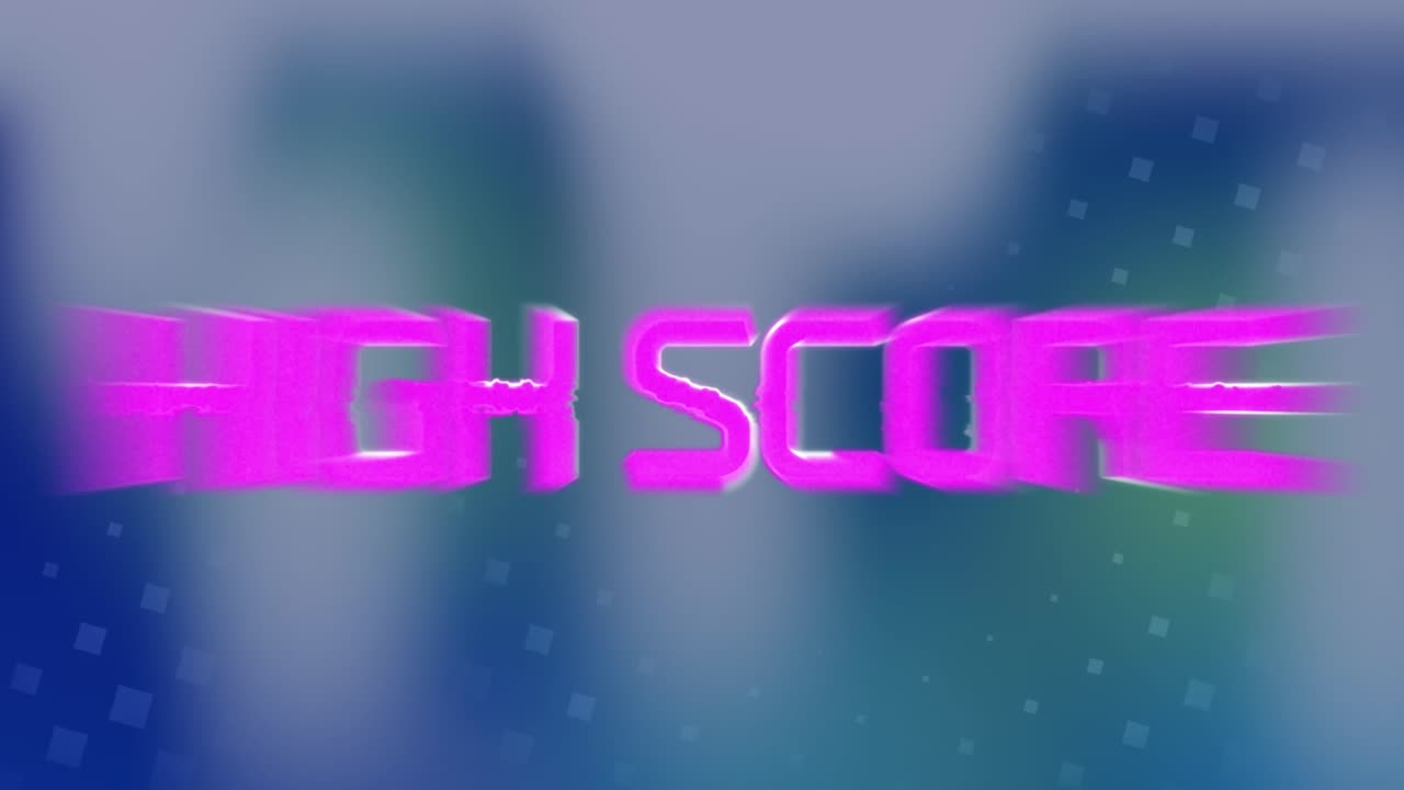 Animation of high score text on blue abstract background on digital interface of video game