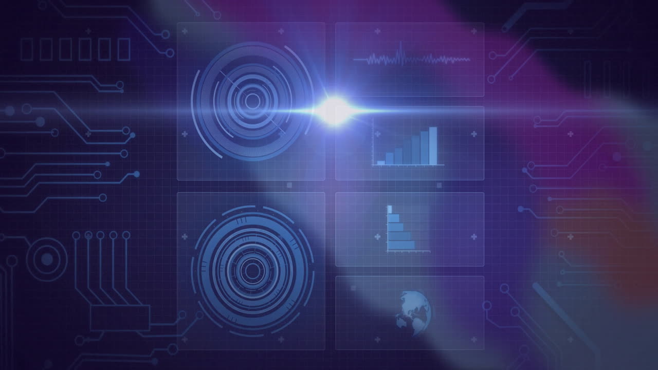 Graphs and circular patterns over digital interface with futuristic animation background
