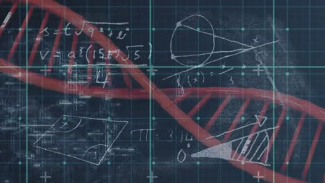Animation-of-blue-grid-over-red-dna-strand,-equations-and-diagrams,-on-black