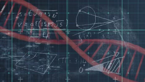 Animación-De-Cuadrícula-Azul-Sobre-Cadena-De-ADN-Roja,-Ecuaciones-Y-Diagramas,-Sobre-Negro.