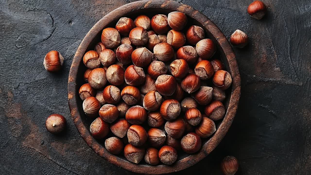 vista superior de avelãs em uma tigela de madeira em fundo escuro