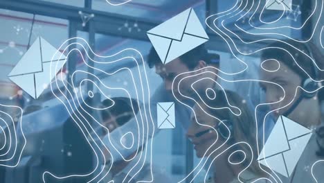 Animation of connections and lines map with icons over business people wearing phone headsets