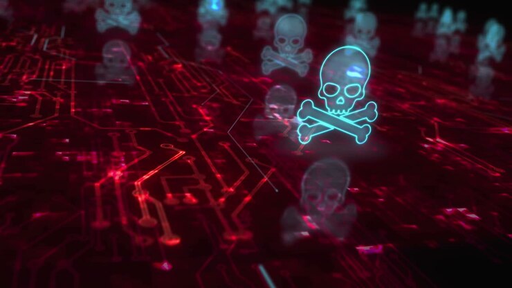 Skull pirate and online cyberattack symbols loop cyber concept