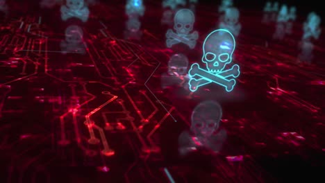 pirata del cráneo y símbolos de ciberataque en línea concepto cibernético de bucle