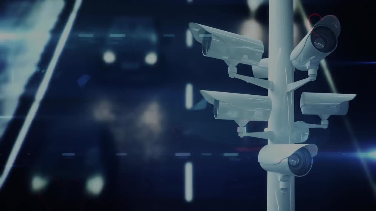 Animation of moving surveillance camera over cityscape