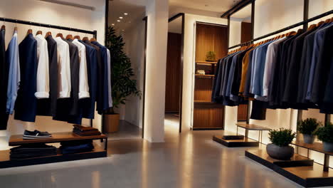 a person shopping for and trying on a suit jacket in a modern menswear store