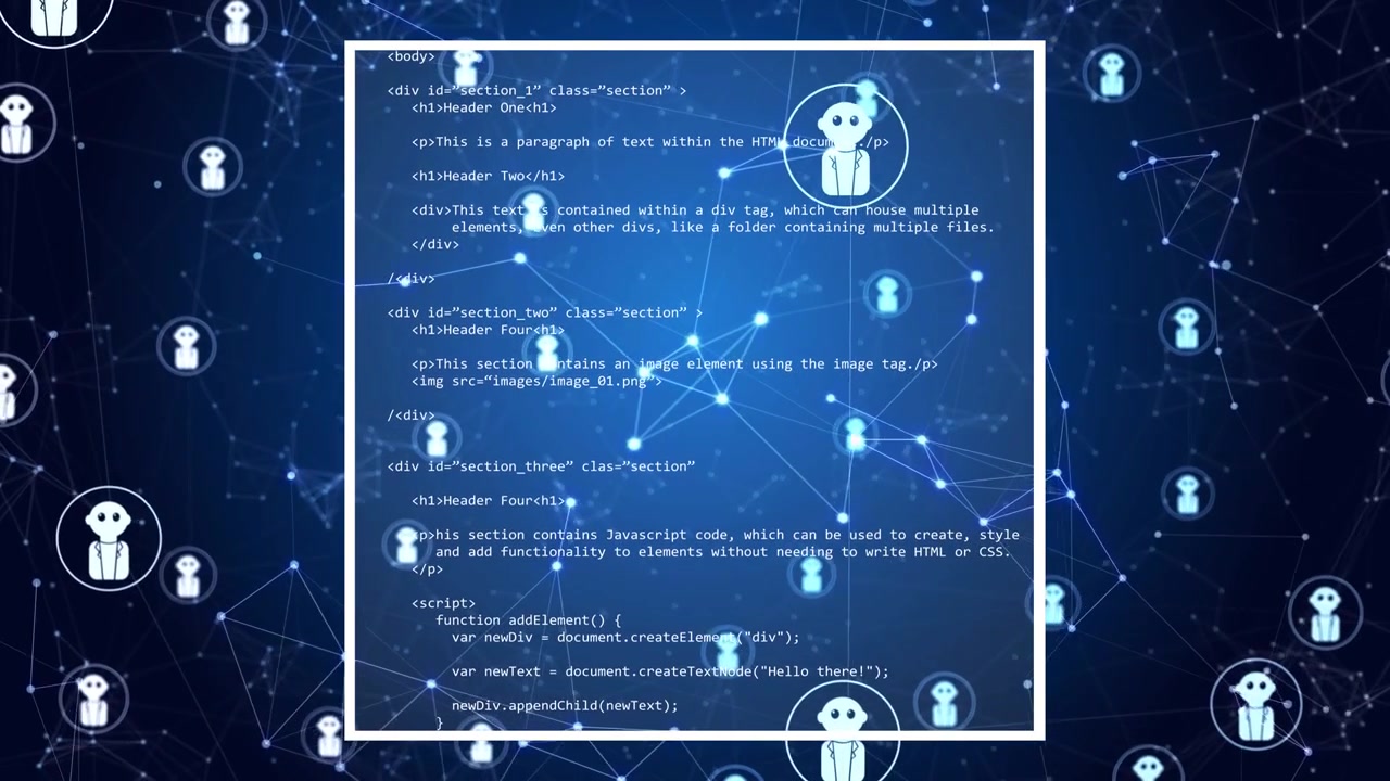 White framed code panel appearing, revealing HTML or JS while avatars drifting, showing DOM build