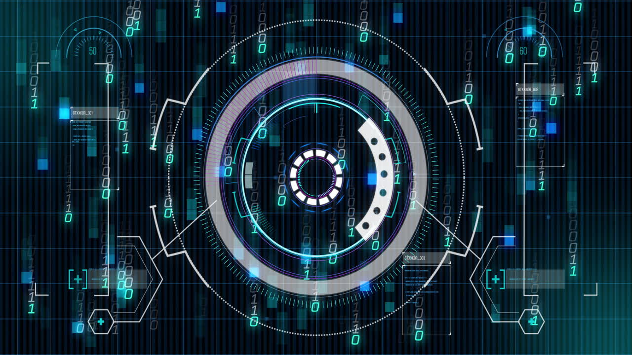 Animation of futuristic digital interface with binary code in school setting
