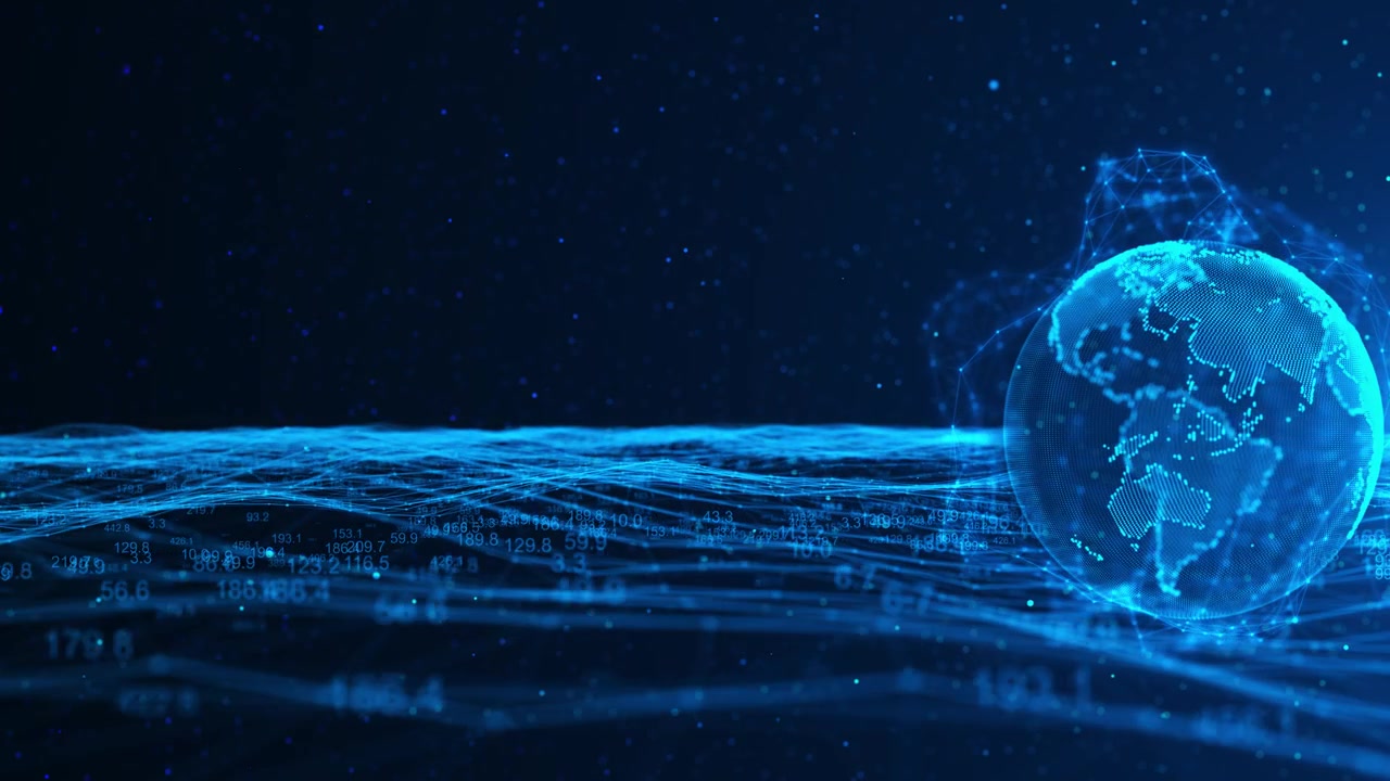 Global earth analytics visual with bright dotted globe blue data waves digital numbers and