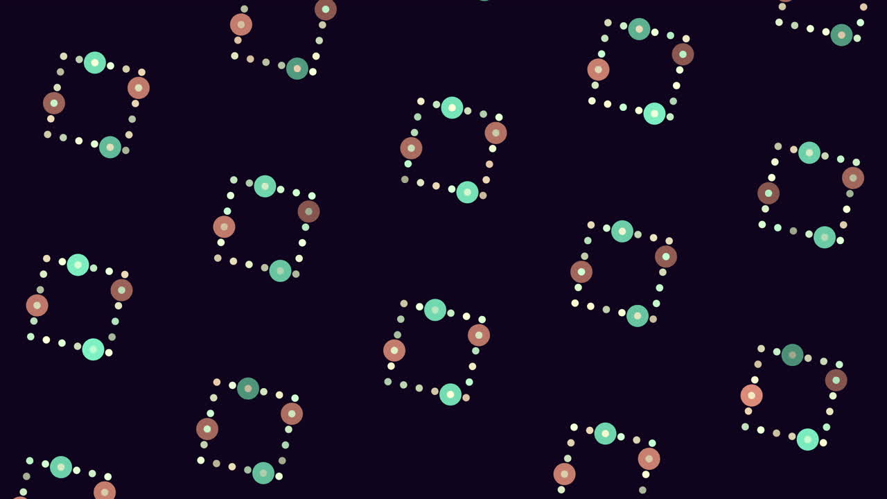 검은 바탕에 보라색과 초록색 원의 대칭 패턴