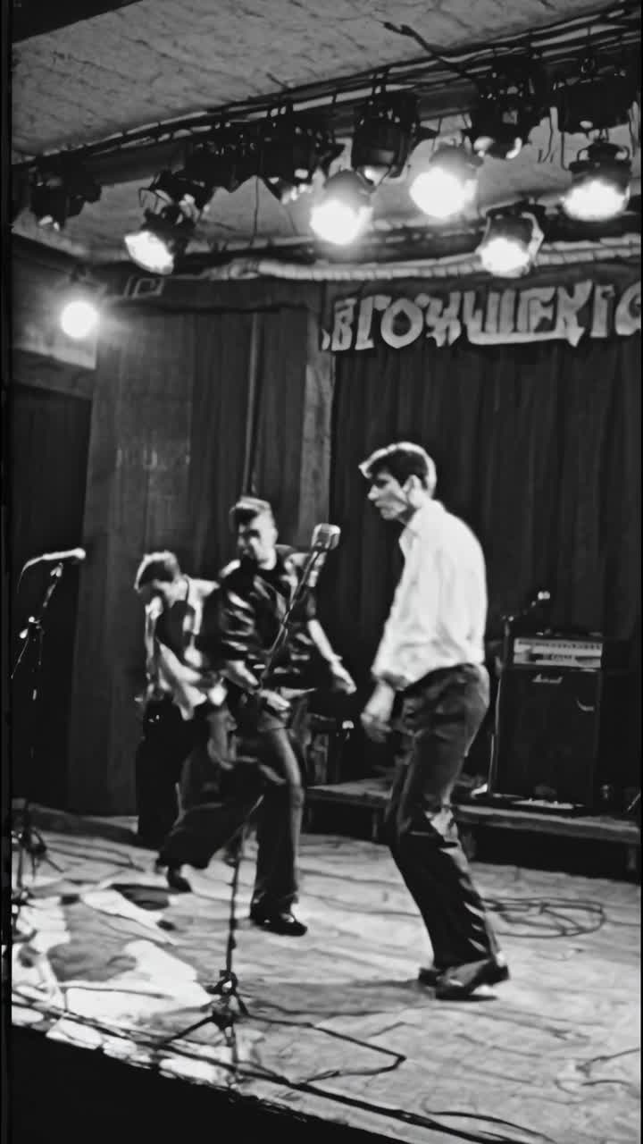Fotograma de vídeo en blanco y negro de una banda actuando en el escenario, capturado desde un ángulo bajo