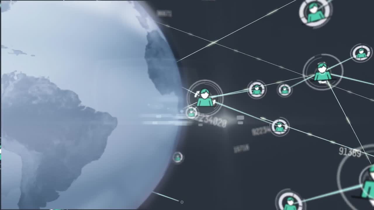 animación de puntos conectados sobre el globo y números cambiantes contra un fondo negro