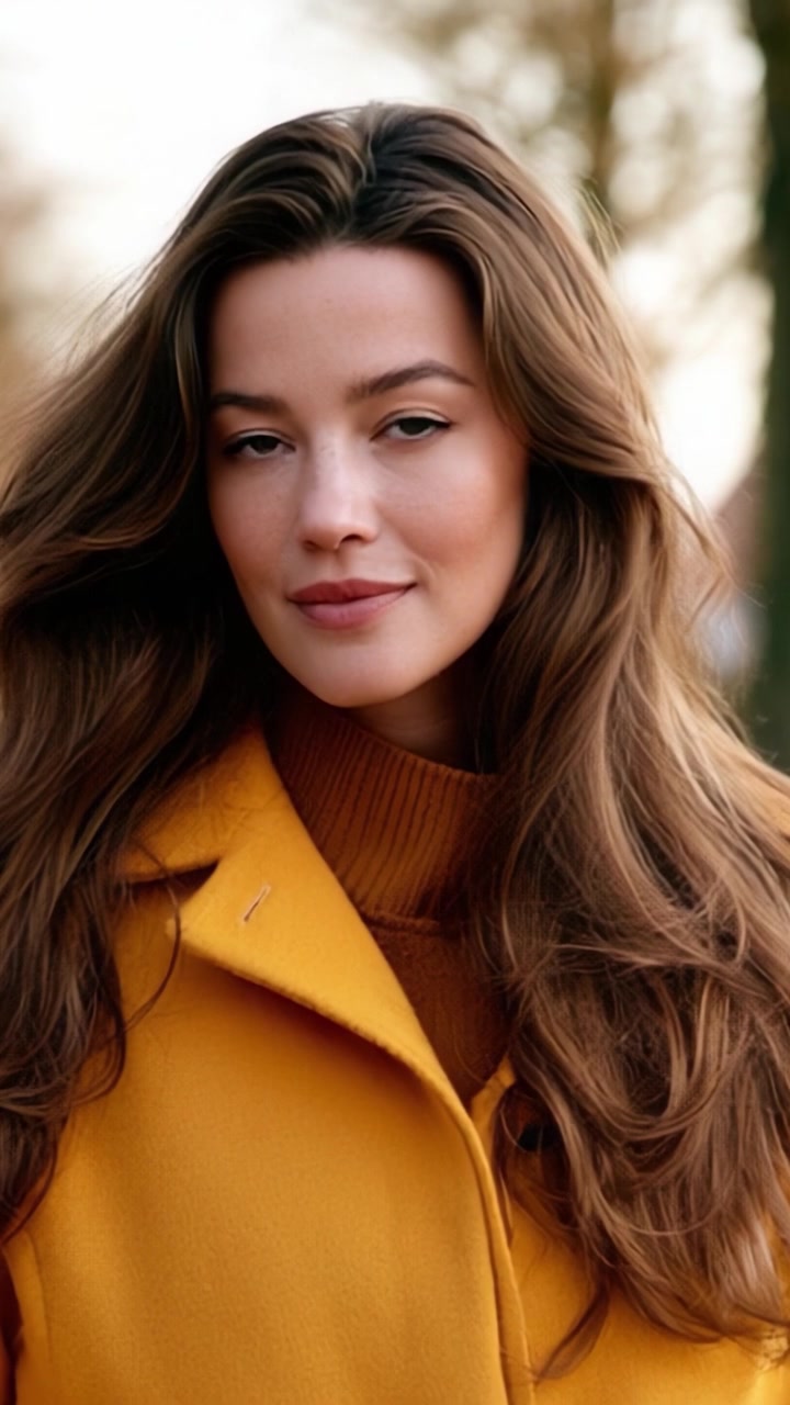 Un ritratto vivace di una giovane donna con capelli lunghi in un accogliente cappotto giallo che sorride calorosamente in un sereno ambiente esterno con illuminazione naturale soffusa.