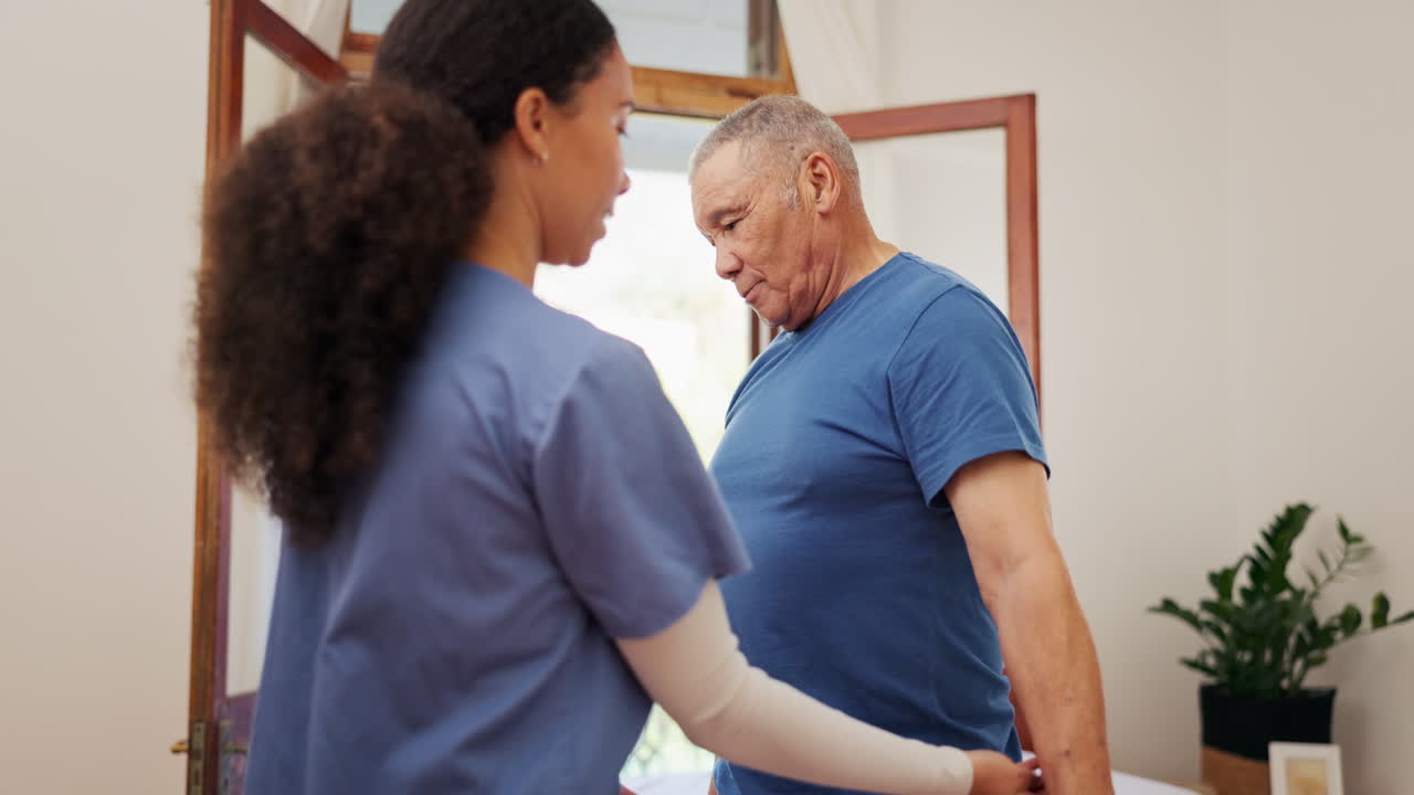 Physiotherapist, help and elderly man doing