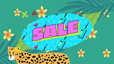 animación del texto de venta en rosa sobre una pancarta azul con guepardo y flores exóticas en verde