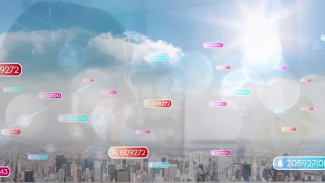 Animation-of-network-of-connection-with-icons-over-cityscape