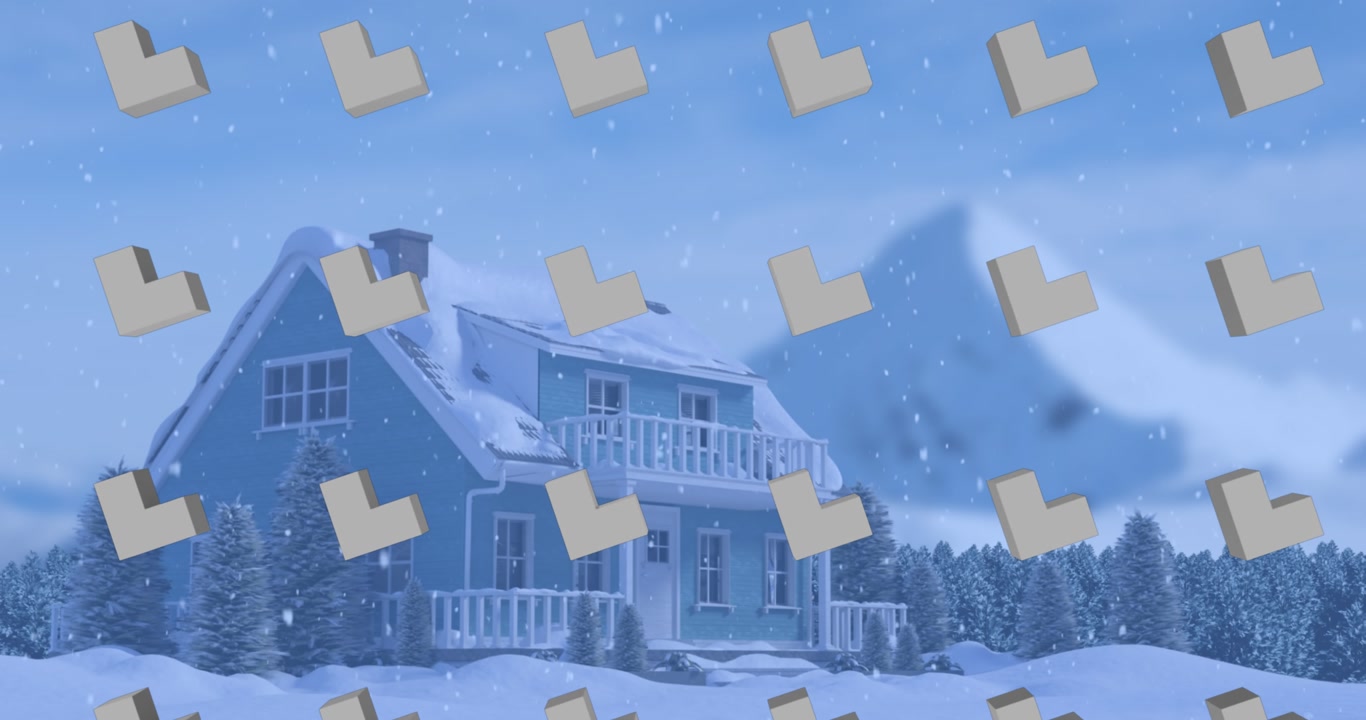 抽象的な図形パターンの列と、冬の景色にクリスマス雪が降り積もるアニメーション。