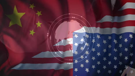 animation of scanner, globe and hand moving over flags of china and america