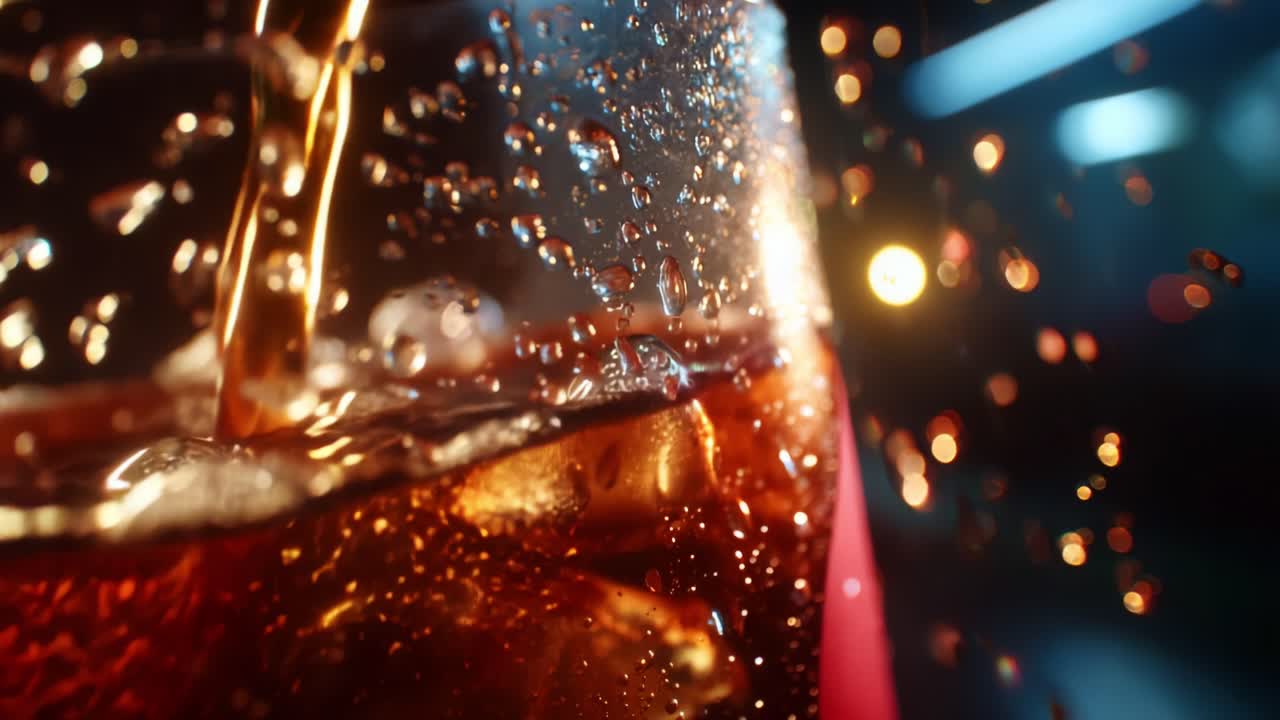 An Eye-Catching Close-Up of Refreshing Beverage Being Poured with Droplets of Water and Bubbles Creating a Sparkling Effect in a Glass Container, Perfect for Quenching Thirst on a Hot Day