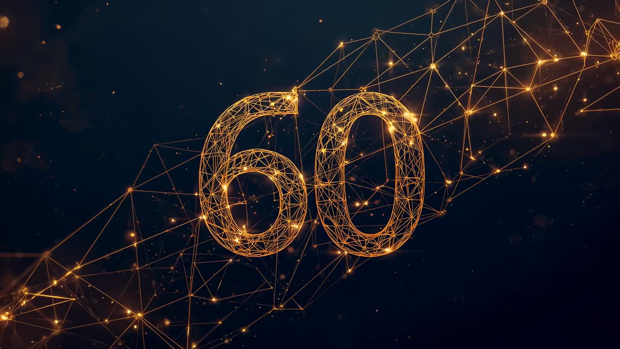 Animating golden 60 wireframe growing denser in navy, frame flow driving bright nodes and ribbon