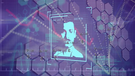 animación del procesamiento de datos y foto biométrica sobre un fondo oscuro.