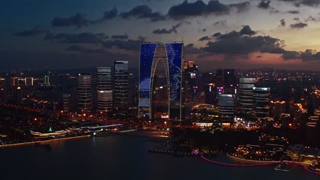 cbd buildings by jinji lake at night in suzhou, china.