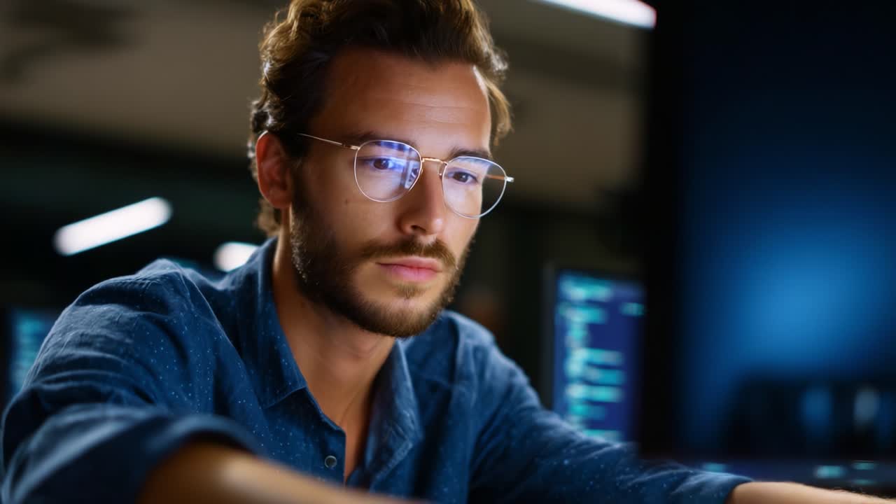 Focused Individual with Glasses Engaged in Computer Programming and Software Development in a Modern Workspace with Multiple Screens at Night