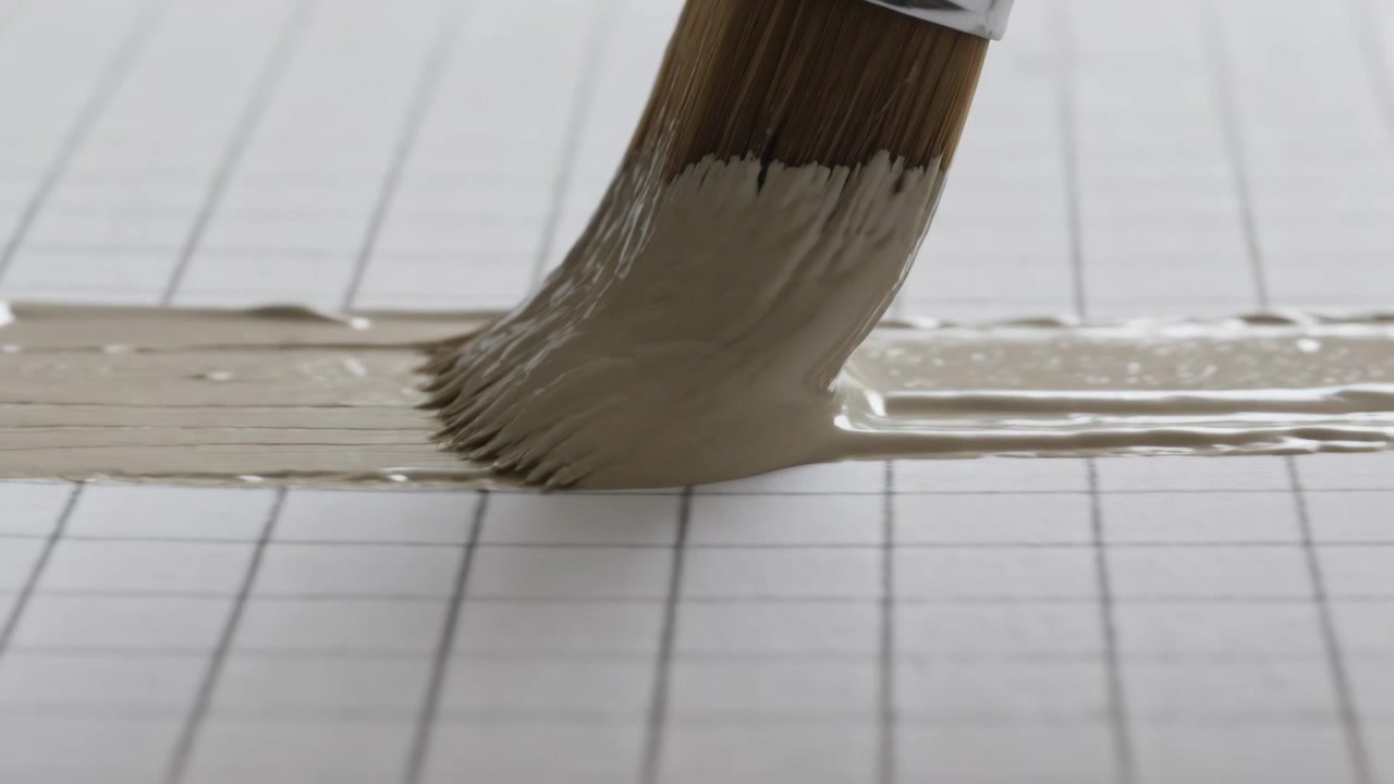 Dragging round brush pulling wet beige paint from puddle across graph paper to smooth paint strip