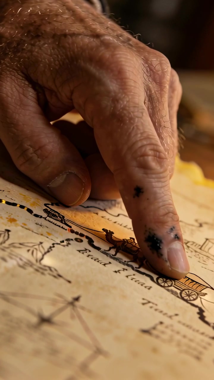 Video verticale: Dito inchiostrato sospeso che inizia a tracciare un percorso tratteggiato su una mappa su una scrivania, pianificando.