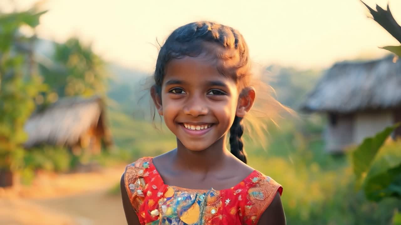 una joven sonriente en un pueblo de la india