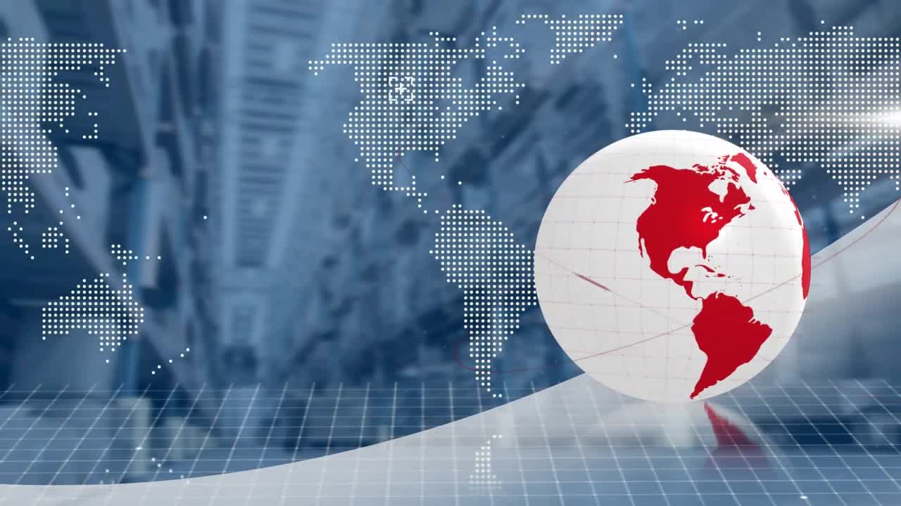 배경 에 있는 창고 를 배경 으로 세계 지도 를 회전 시키는 지구