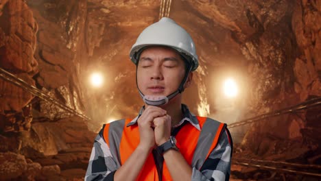 close up of asian male engineer with safety helmet pray for something while standing in underground mine tunnel