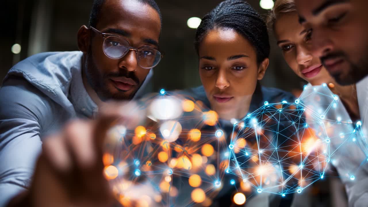 A group of diverse individuals engages in a collaborative exploration of innovative concepts as they analyze a glowing network representation projected onto a surface in a modern workspace