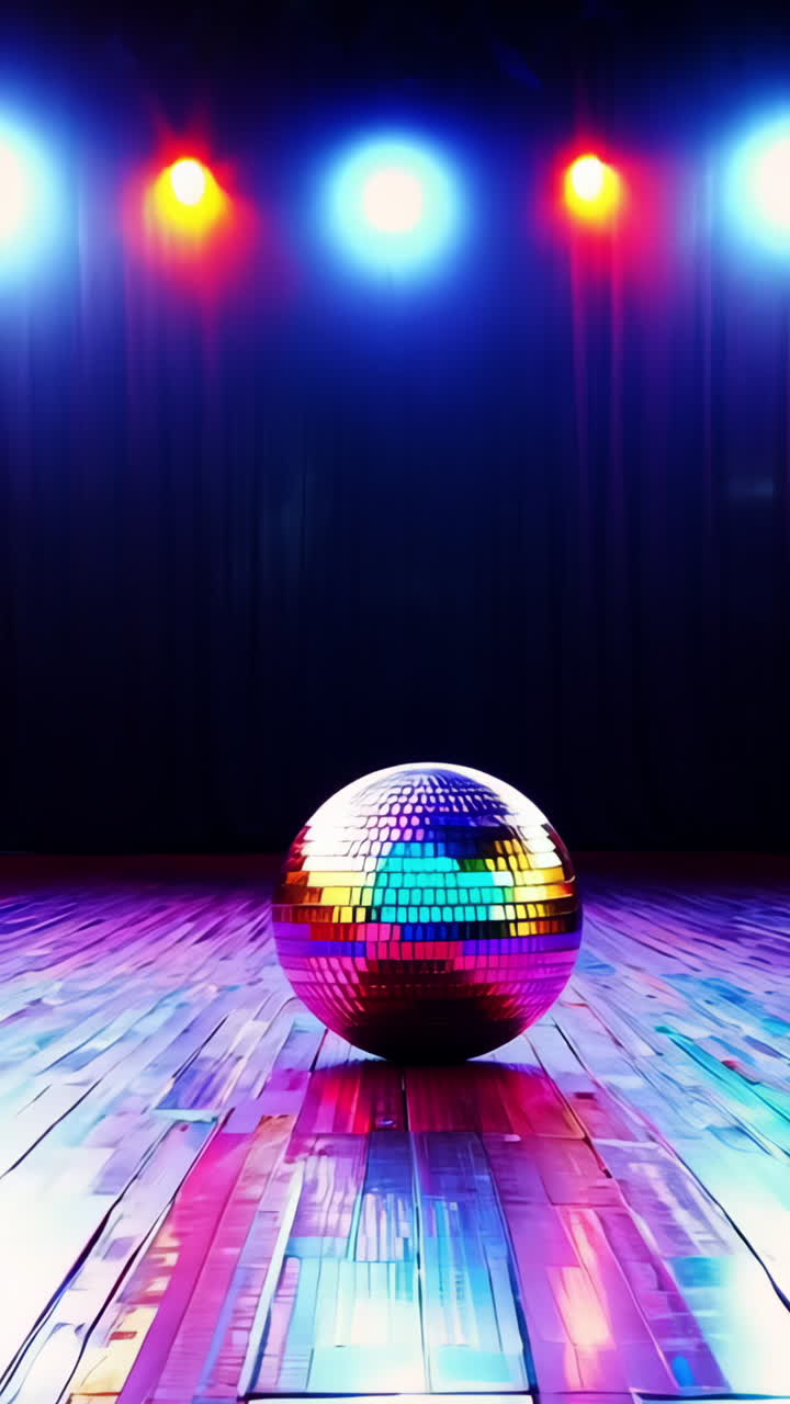 A disco ball is on a wooden floor in front of two speakers. The ball is surrounded by colorful lights and the speakers are black. Scene is energetic and fun, as it seems to be a party or a dance event