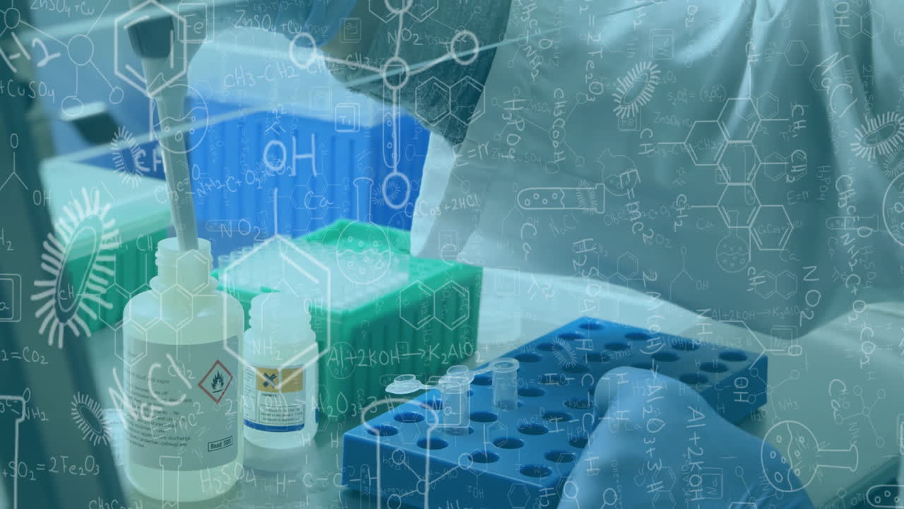 Animation of mathematical equations over biracial female scientist working in lab