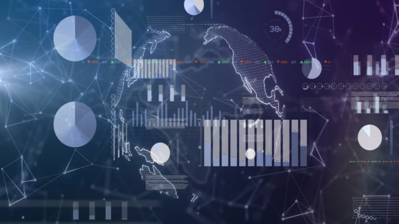 Animation of digital data charts overlaying world map, showcasing global analytics