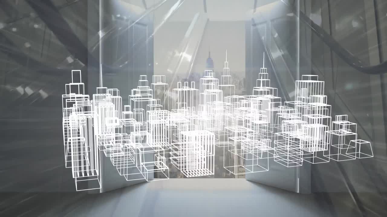 Animation of 3d city drawing spinning over cityscape