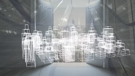 animation of 3d city drawing spinning over cityscape