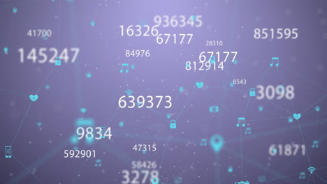 animation of multiple changing numbers and network of digital icons against purple background