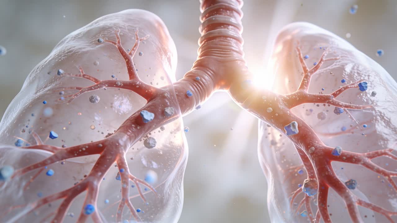 Telecamera in movimento in un rendering medico che mostra i polmoni che si riempiono di luce respiratoria spingendo detriti lungo le vie aeree.