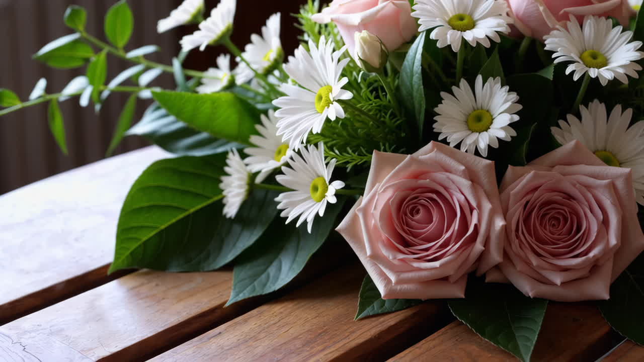 Composizione floreale di rose rosa e margherite su tavolo di legno